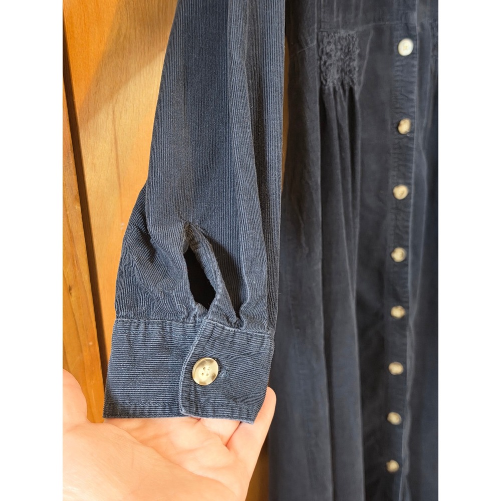 Vintage FADS Navy Blue Corduroy Smocked Waist Midi Dress Dark Academia Size 10 - Picture 3 of 7